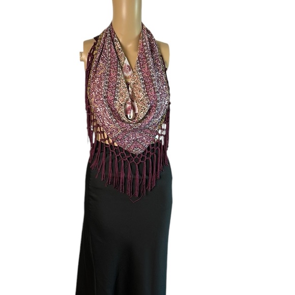 fringe scarf,attached to burgundy top, detachable,boho,macrame,western,office - Picture 6 of 14